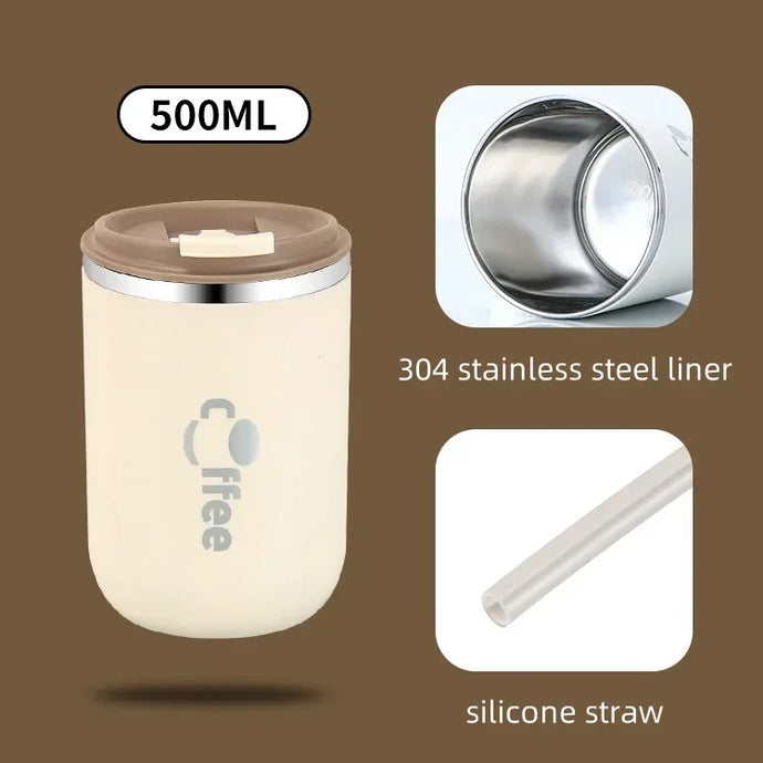 Stainless Steel Thermos Coffee Cup with Silicone Straw